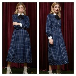 SISTER JANE Fables Midi Dress Long Sleeve Navy Blue Plaid Size Small NWT